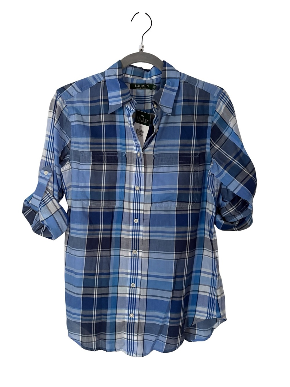 NWT Lauren Ralph Lauren Plaid Button-Down Shirt Size SMALL Roll Tab Sleeves